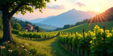 Serene Vineyard Landscape at Sunset A Picturesque House Amidst Rolling Hills and Lush Grapevines