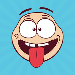 Hilarious funny cartoon face with sticking out tongue against a light blue background.