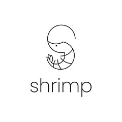 Shrimp with icon or logo shape, black outline style with text, vector illustration.