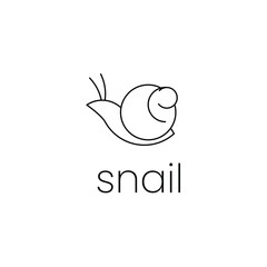 Snail with icon or logo shape, black outline style with text, vector illustration.