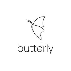 Butterfly with icon or logo shape, black outline style with text, flat design.