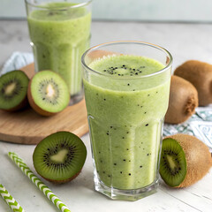 Green smoothie surrounded by ingredients