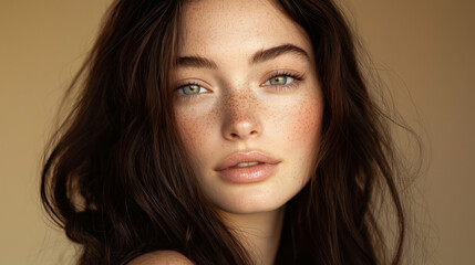 Naklejka premium A beautiful model with long brown hair, generative AI