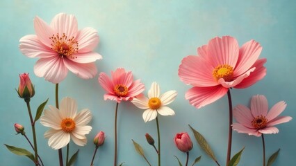 Obraz premium Delicate pastel cosmos and rosebuds arranged on a light blue background, creating a serene and elegant floral composition