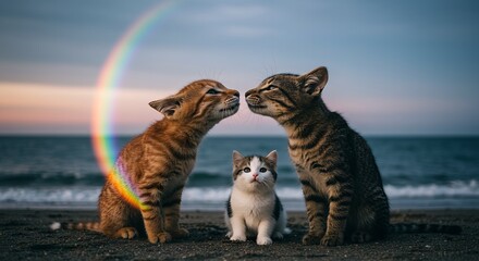 Three Adorable Kittens at the Beach with a Rainbow: A Moment of Coastal Serenity