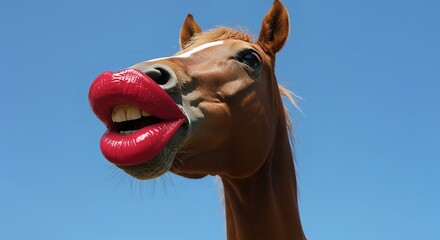 A Chestnut Horse with Striking Red Lips Against a Clear Blue Sky: A Whimsical Portrait