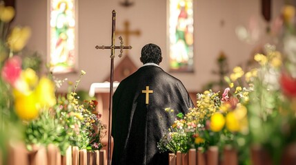 Obraz premium Priest in Church Religious Ceremony Faith Cross Flowers Devotion Spiritual Easter