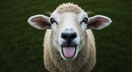 Obraz premium A Playful Sheep in a Green Pasture: A Close-Up Portrait of a Happy Farm Animal Sticking Out its Tongue