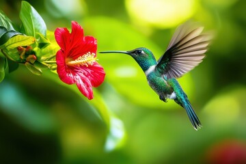 Naklejka premium Hummingbird feeding on a red hibiscus flower.