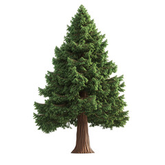 A detailed image showcasing a single evergreen tree with its trunk, foliage, and overall structure isolated.
