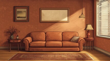A richly textured brown couch faces left, set against a complementary brown backdrop. Its sleek rectangular form boasts softly rounded edges and an elegant curved backrest