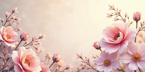 Obraz premium Delicate Pink Blossoms in Soft Sunlight A Gentle Floral Arrangement Featuring a Dreamy Pastel Palette and Soft Focus, Ideal for Backgrounds, Invitations, or Greeting Cards