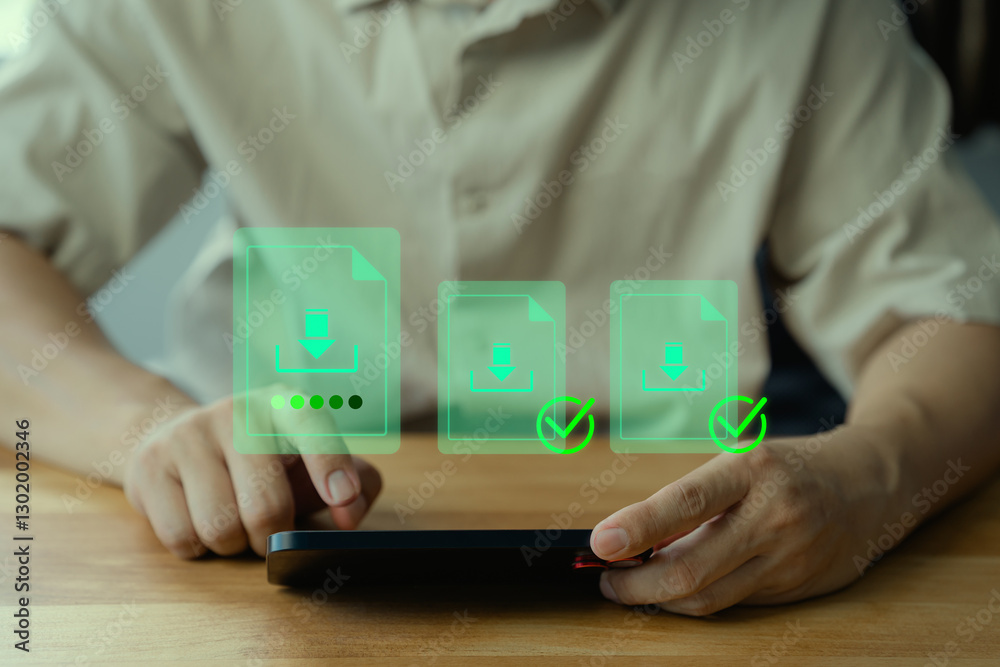 Poster person using a mobile phone with glowing green download icons and progress indicators, representing 