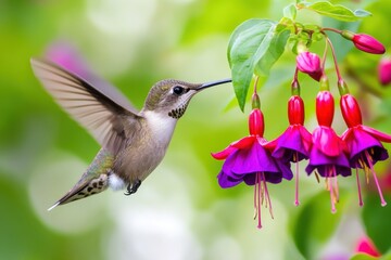 Fototapeta premium Hummingbird feeding on fuchsia flowers. (1)