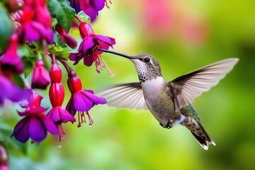 Hummingbird feeding on fuchsia flowers. (2)