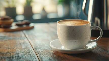 Fototapeta premium Freshly Brewed Coffee in a White Cup on a Rustic Wooden Table with Steam Rising in a Cozy Setting