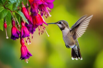 Fototapeta premium Hummingbird feeding on fuchsia flowers in flight.
