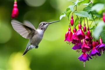 Fototapeta premium Hummingbird feeding on fuchsia flowers.