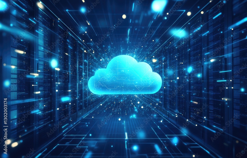 Poster a futuristic data center with glowing blue servers and a digital cloud icon, symbolizing cloud compu