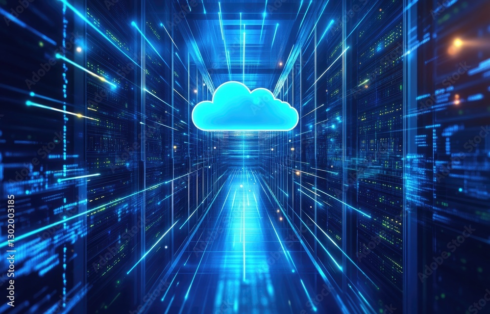 Poster A futuristic data center with glowing blue servers and a holographic cloud icon, representing cloud computing and cybersecurity. Ideal for AI, networking, and digital storage concepts