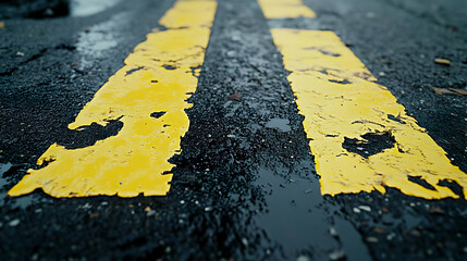 Wet road, yellow lines, city, rain