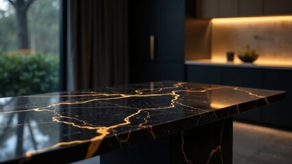 Sleek Black and Gold Countertop with Subtle Veining in a Modern Kitchen Setting