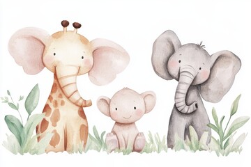 Naklejka premium Adorable Watercolor Safari Animals: Elephant, Giraffe, and Baby Elephant in a Lush Green Setting