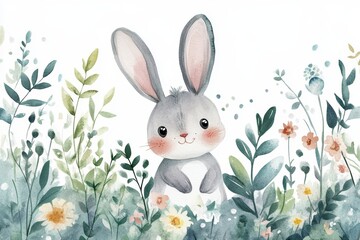 Adorable Watercolor Bunny in a Floral Garden