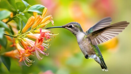 Fototapeta premium Hummingbird feeding on orange flowers.