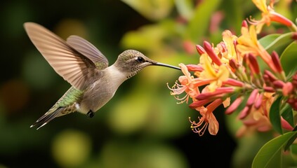Fototapeta premium Hummingbird feeding on orange flowers in flight.