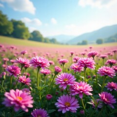 Fototapeta premium Scenic view of a field of chrysanthemum purple flowers swaying in the breeze, relaxation, countryside, rural