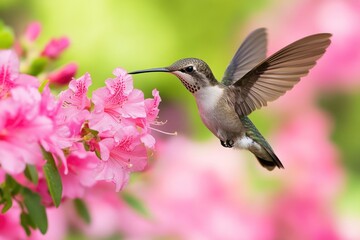 Fototapeta premium Hummingbird feeding on pink azalea blossoms.