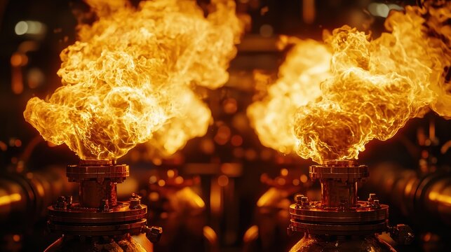A dramatic image of flames erupting from pipes, showcasing a powerful industrial scene with vibrant orange and yellow fire.