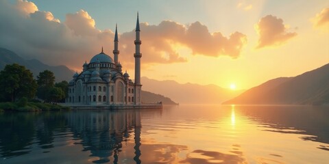 Naklejka premium Serene Sunset Over Lakeside Mosque Architectural Marvel Reflected in Golden Waters