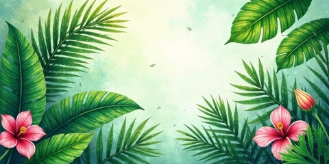 Lush Tropical Foliage and Vibrant Hibiscus Flowers Frame a Serene, Soft-Colored Background, Perfect for Relaxation and Tropical Themed Designs