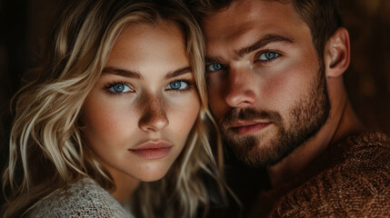 Obraz premium Portrait of a beautiful woman and a handsome man, a romantic couple, generative AI