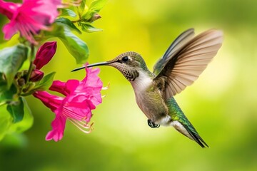 Fototapeta premium Hummingbird feeding on pink flower. (3)