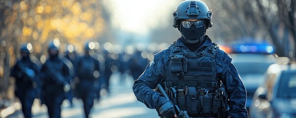 A tactical officer stands in focus while a group of officers moves behind him, set in a blurred outdoor urban environment.