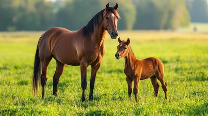 Fototapeta premium A majestic brown horse stands gracefully in a lush, green field, facing right with a striking black mane and a charming white star on its forehead