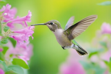 Fototapeta premium Hummingbird feeding on pink flowers in flight. (2)