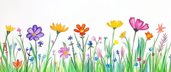 flower crayon kid pastel spring background painting hand chalk grass pencil art childish vector pattern plant cute wax border doodle color garden sketch draw nature illustration drawn frame green