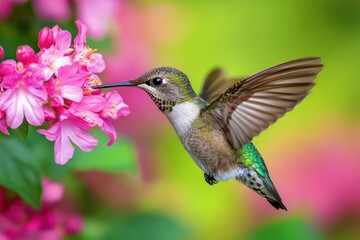 Naklejka premium Hummingbird feeding on pink flowers in flight. (7)