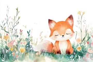 Fototapeta premium Adorable Fox Amidst Watercolor Wildflowers