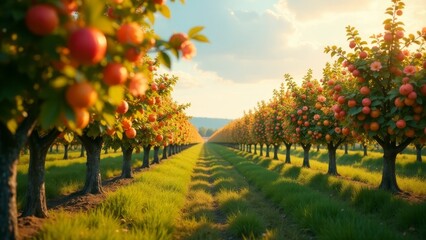 Fototapeta premium Golden Hour in an Orchard Rows of fruit trees laden with ripe apples, bathed in the warm glow of the setting sun, create a picturesque landscape of abundant harvest.
