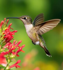 Fototapeta premium Hummingbird feeding on red flower.