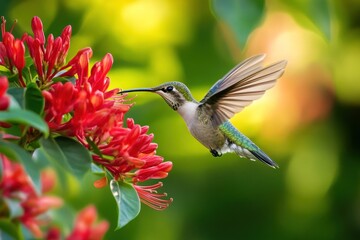 Hummingbird feeding on red flowers. (1)