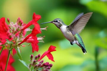 Naklejka premium Hummingbird feeding on red flowers in flight.