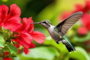 Naklejka premium Hummingbird feeding on red flowers.