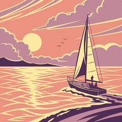 Fototapeta premium A sailboat glides across a serene sunset sea.