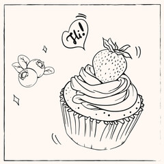 Strawberry Cake food line sketch doodle hand drawn vector illustrator element 
